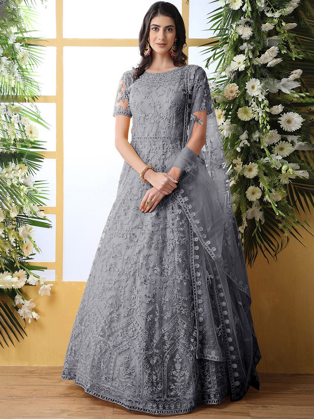 

APNISHA Embroidered Net Fit & Flare Maxi Dress, Grey