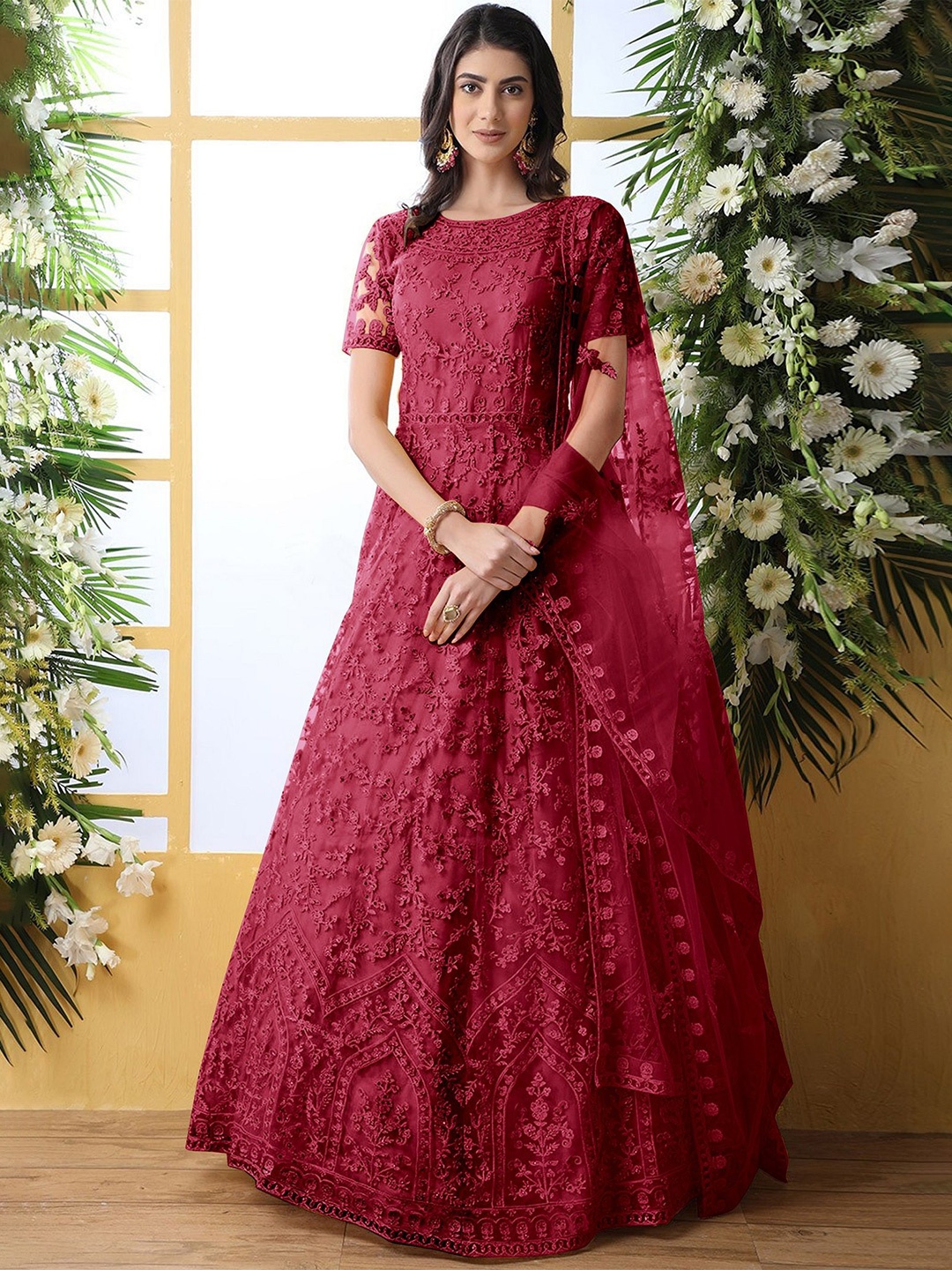 

APNISHA Embroidered Net Fit & Flare Maxi Dress, Maroon