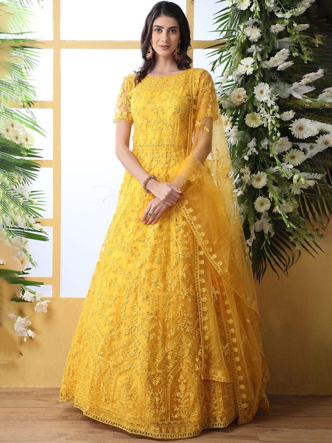 

APNISHA Floral Embroidered Net Fit & Flare Maxi Dress, Yellow