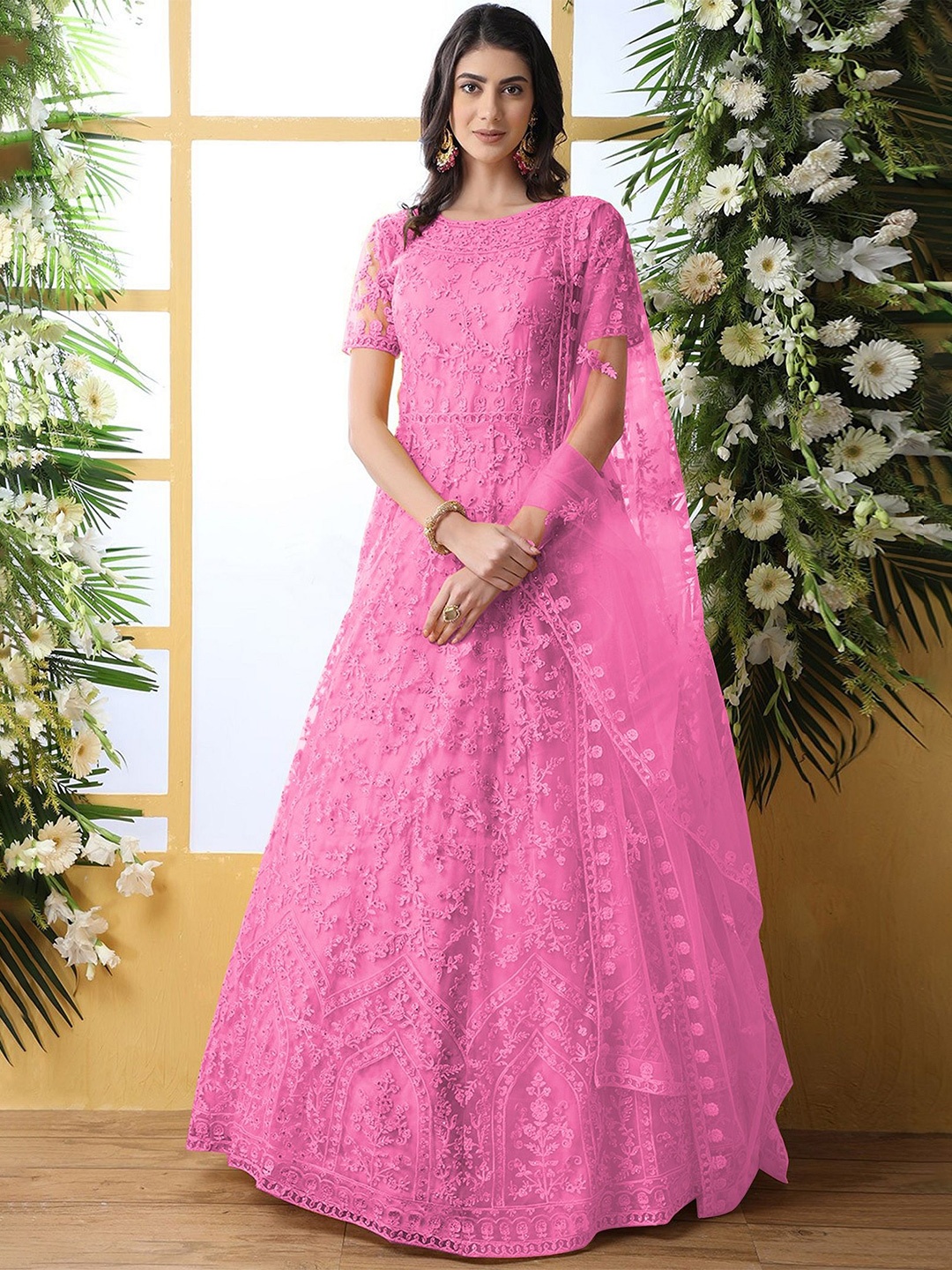 

APNISHA Embroidered Net Fit & Flare Maxi Dress, Pink