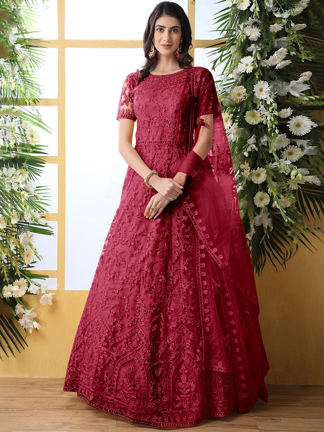 

Aika Embroidered Net Fit & Flare Maxi Dress, Maroon