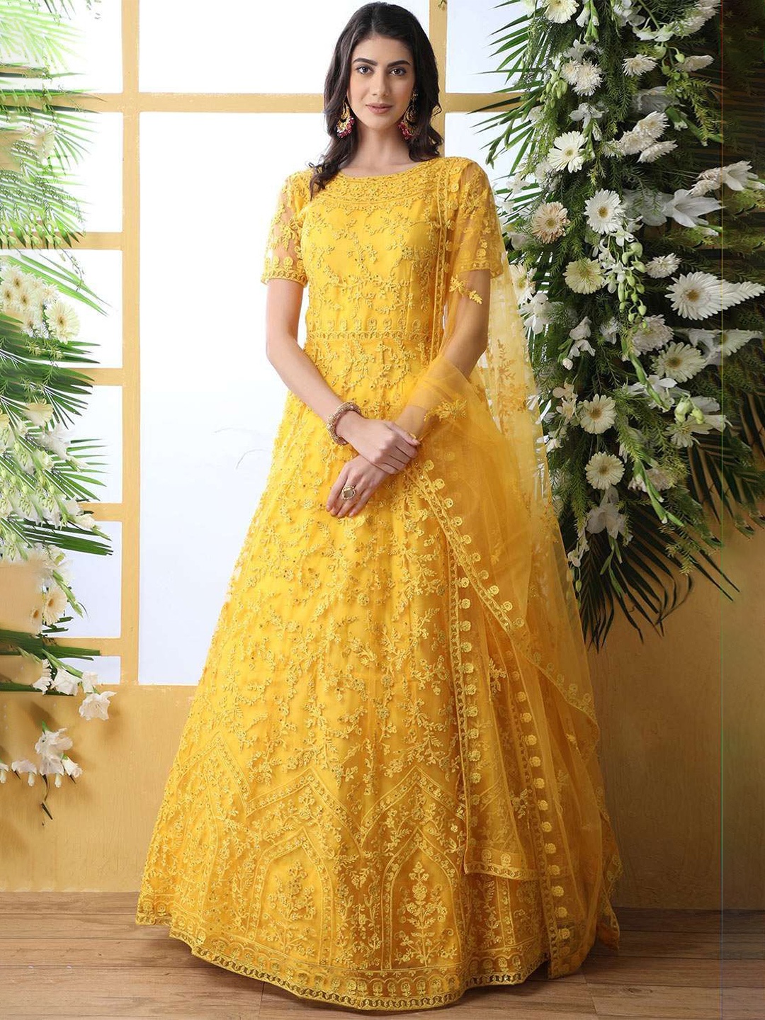 

JULEE Floral Embroidered Net Fit & Flare Maxi Dress, Yellow