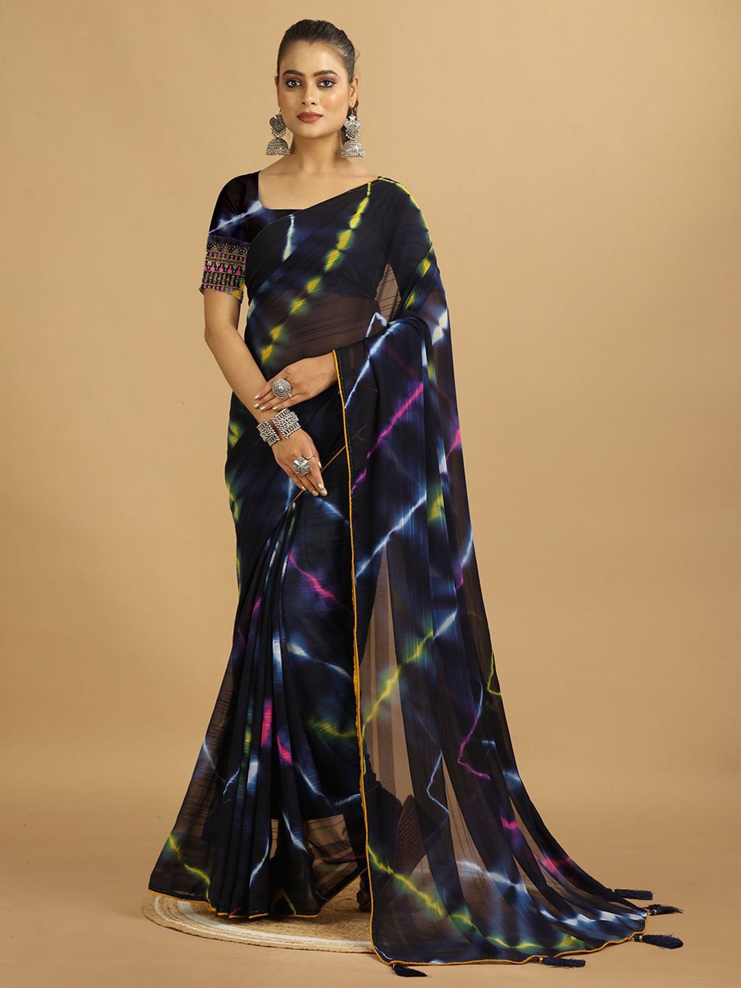 

NIRMAL CREATION Tie and Dye Poly Georgette Saree, Navy blue