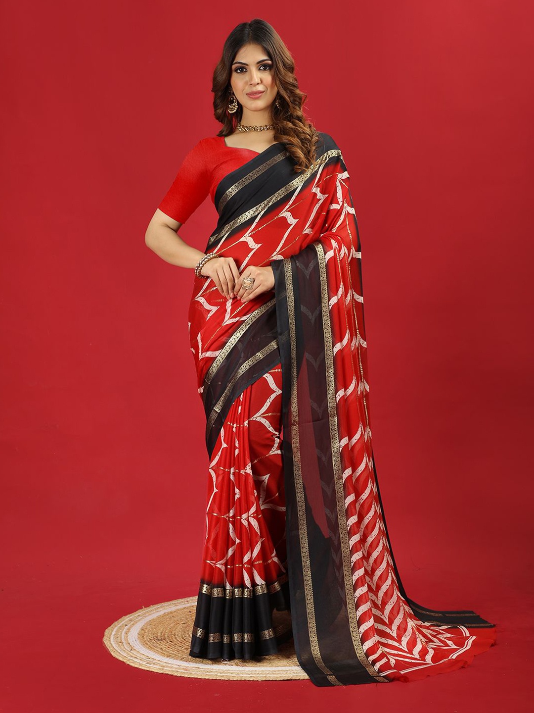 

NIRMAL CREATION Zari Poly Chiffon Saree, Red