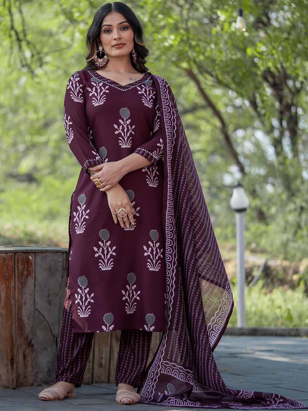 

Fashion Ritmo Floral Printed Pure Cotton Straight Kurta with Trousers & Dupatta, Purple