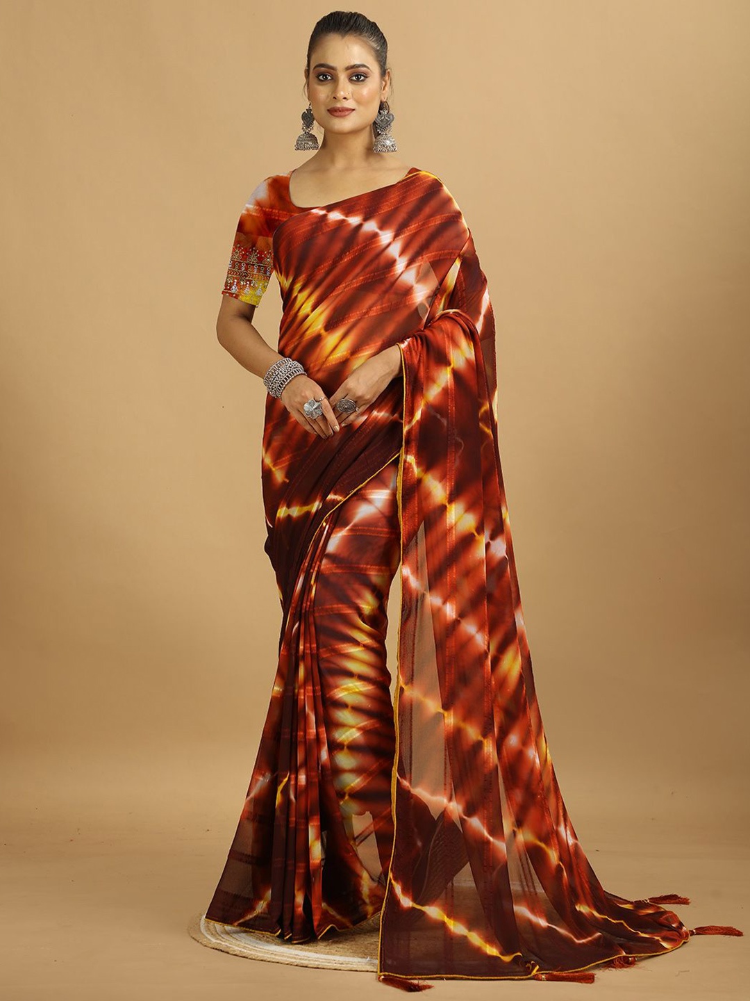 

NIRMAL CREATION Tie and Dye Poly Georgette Designer Saree, Brown