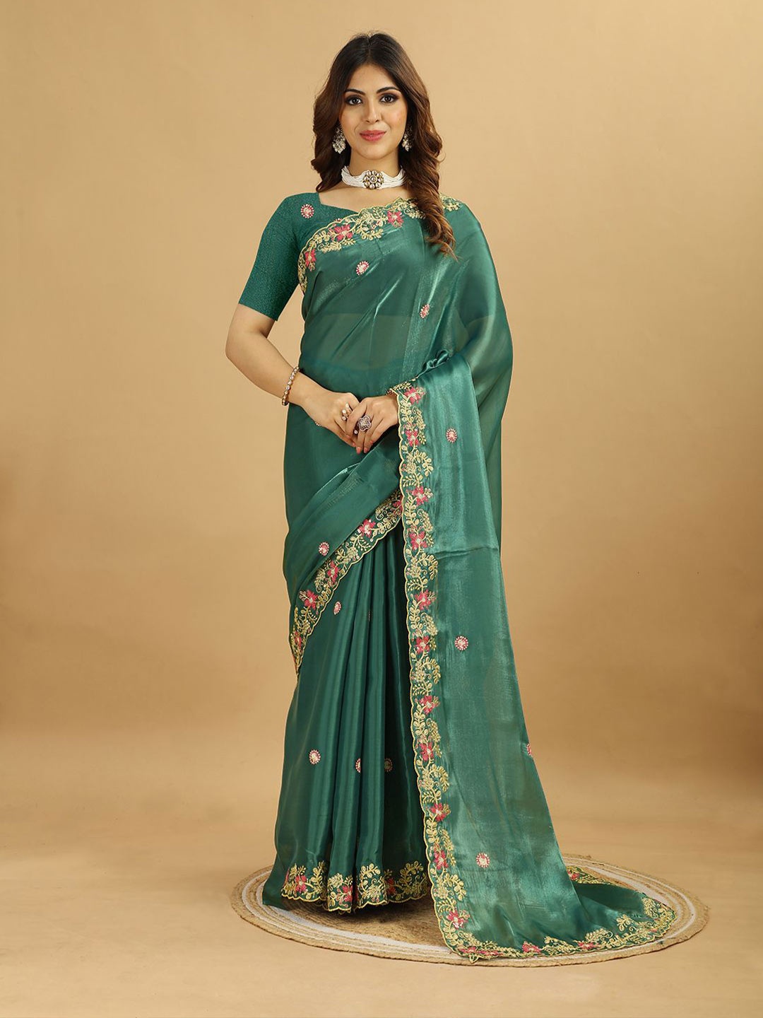 

NIRMAL CREATION Floral Embroidered Art Silk Saree, Turquoise blue