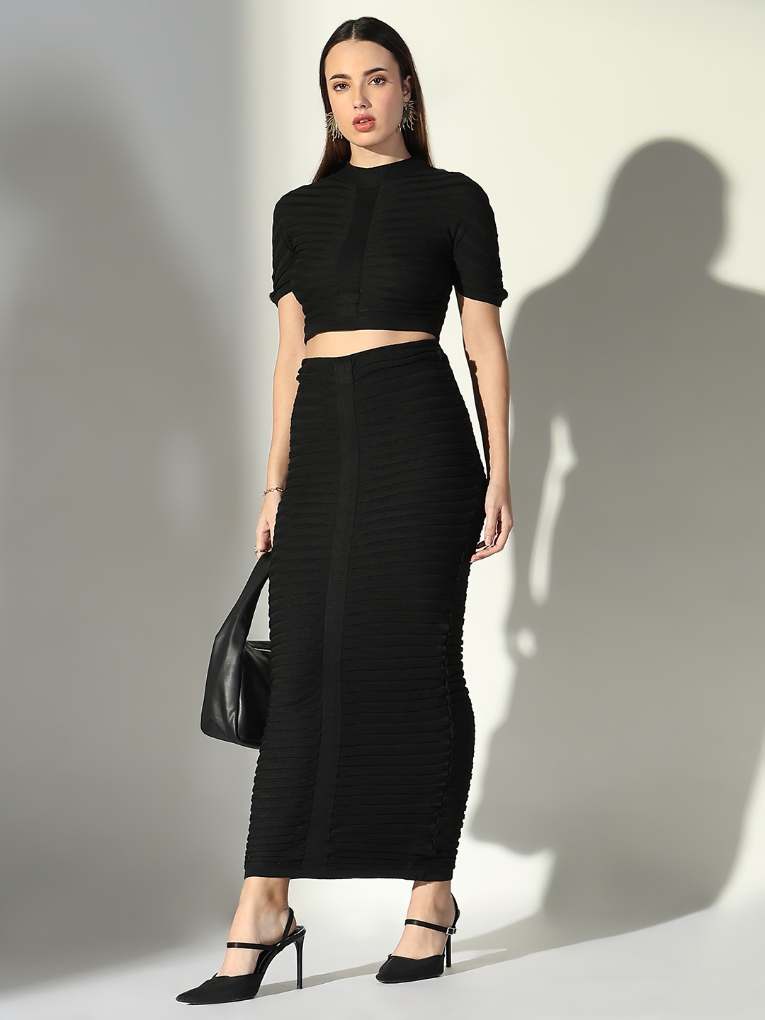 

SHOWOFF Self Design High Neck Short Sleeves Top With Skirt, Black