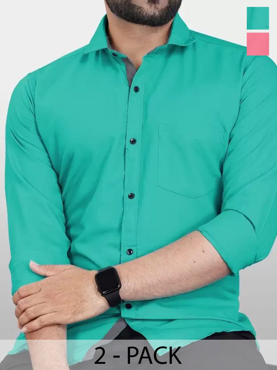 

Tanip Men Pack Of 2 Comfort Spread Collar Solid Cotton Casual Shirts, Green