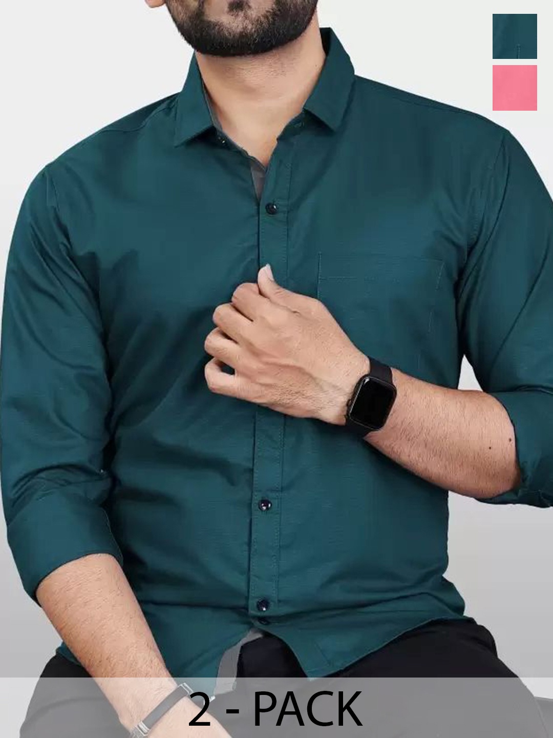 

Tanip Men Pack Of 2 Comfort Spread Collar Solid Cotton Casual Shirts, Teal