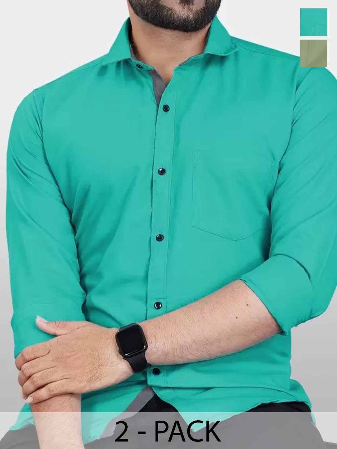 

Tanip Men Pack Of 2 Comfort Spread Collar Solid Cotton Casual Shirts, Teal