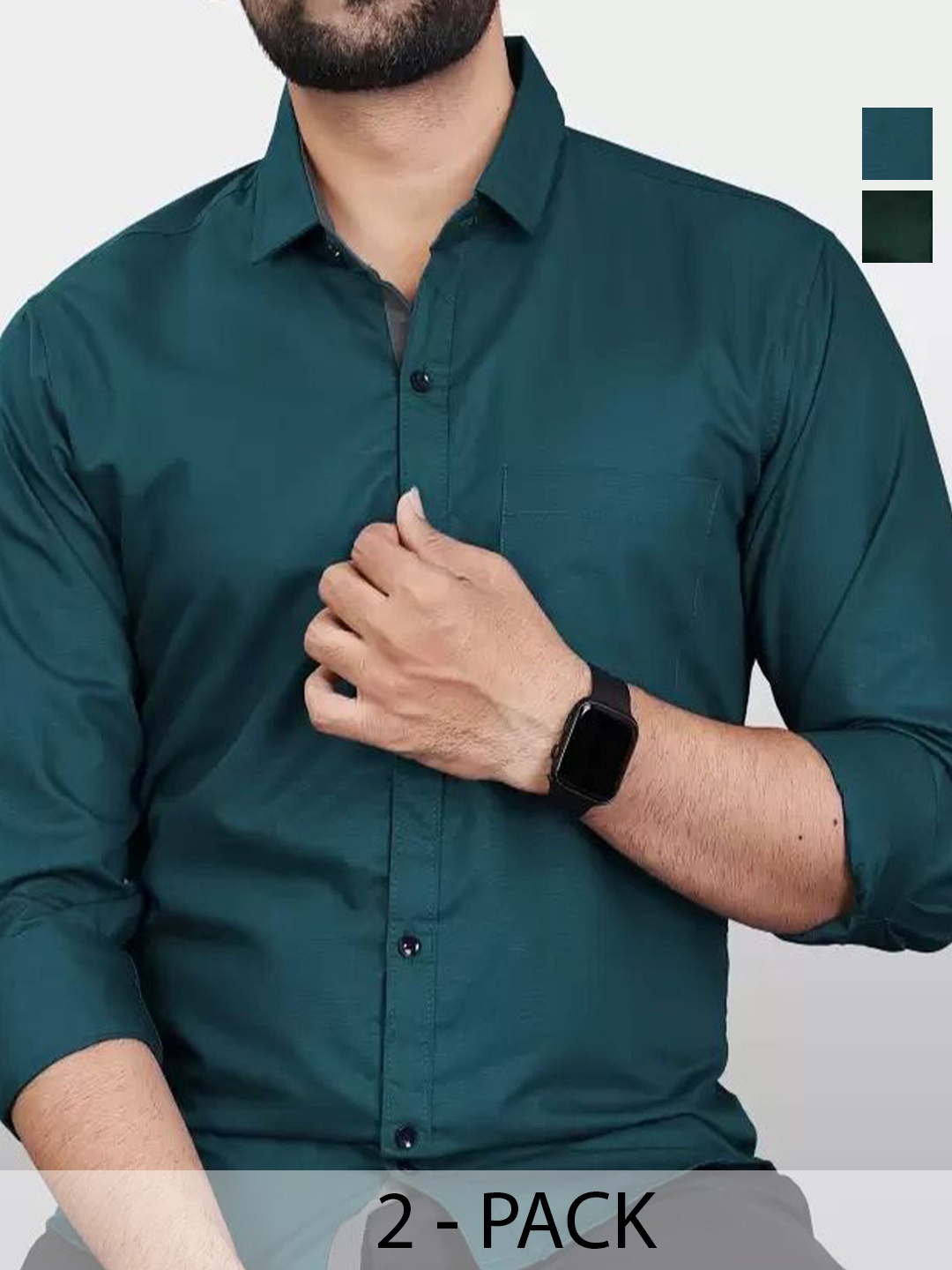 

Tanip Men Pack Of 2 Comfort Spread Collar Solid Cotton Casual Shirts, Teal