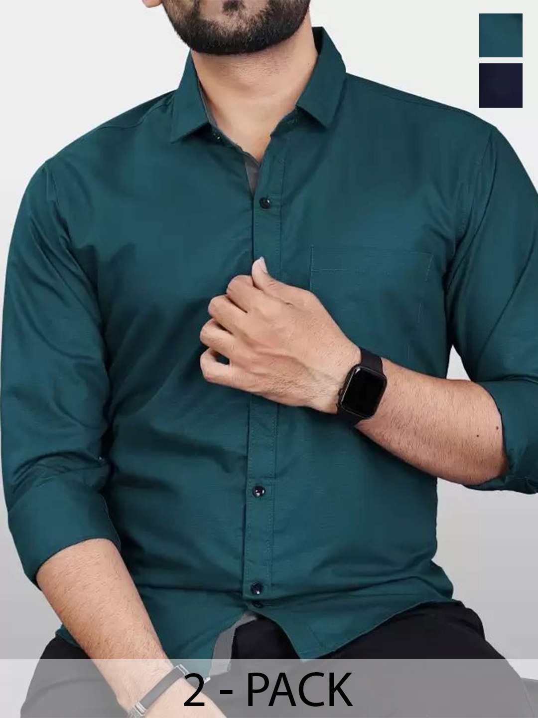 

Tanip Men Pack Of 2 Comfort Spread Collar Solid Cotton Casual Shirts, Navy blue