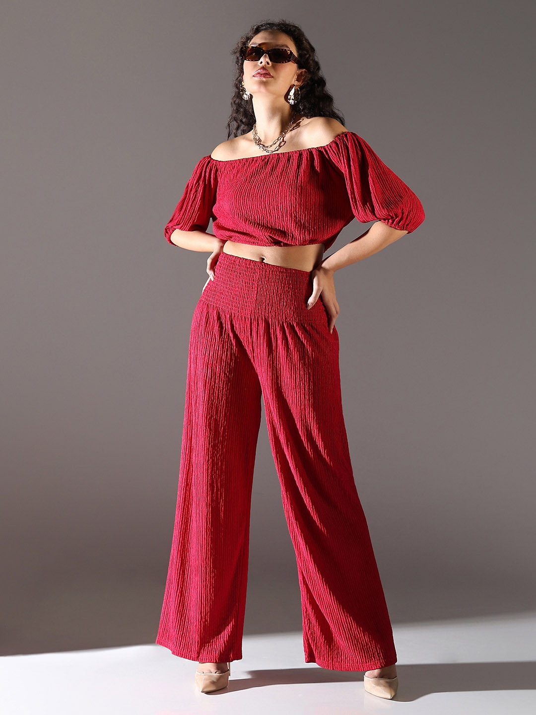 

SHOWOFF Self Design Off-Shoulder Neck Three-Quarter Sleeves Top With Trouser, Red