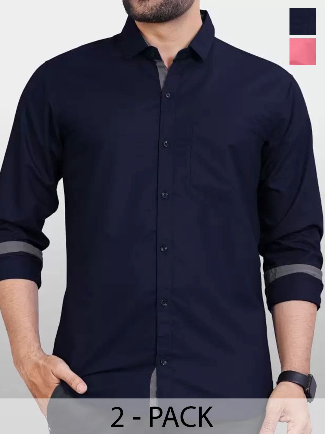 

Tanip Men Pack Of 2 Comfort Spread Collar Solid Cotton Casual Shirts, Navy blue