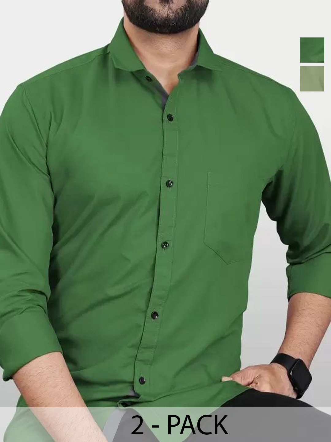 

Tanip Men Pack Of 2 Comfort Spread Collar Solid Cotton Casual Shirts, Green