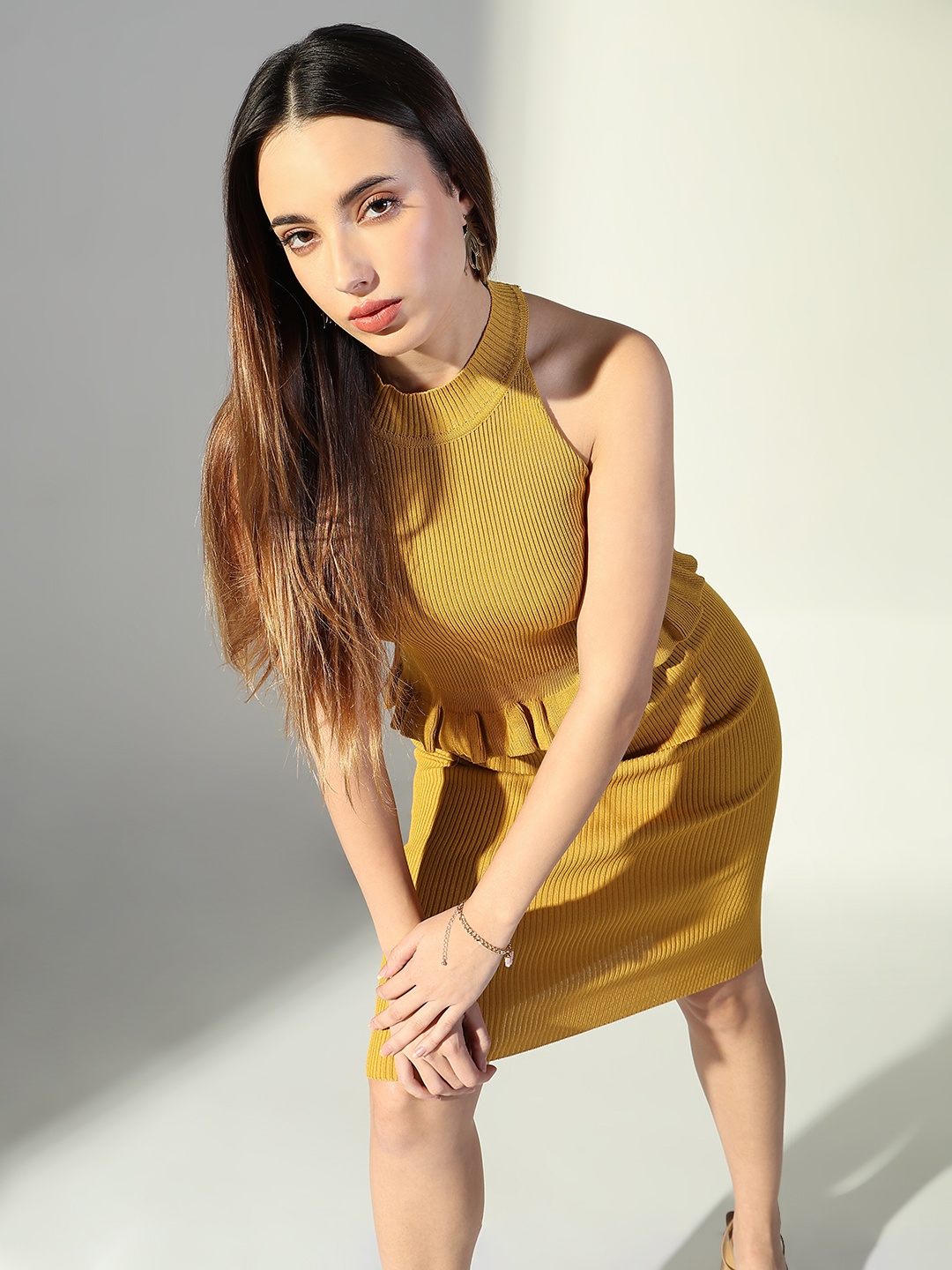 

SHOWOFF Halter Neck Sleeveless Top With Skirt, Mustard