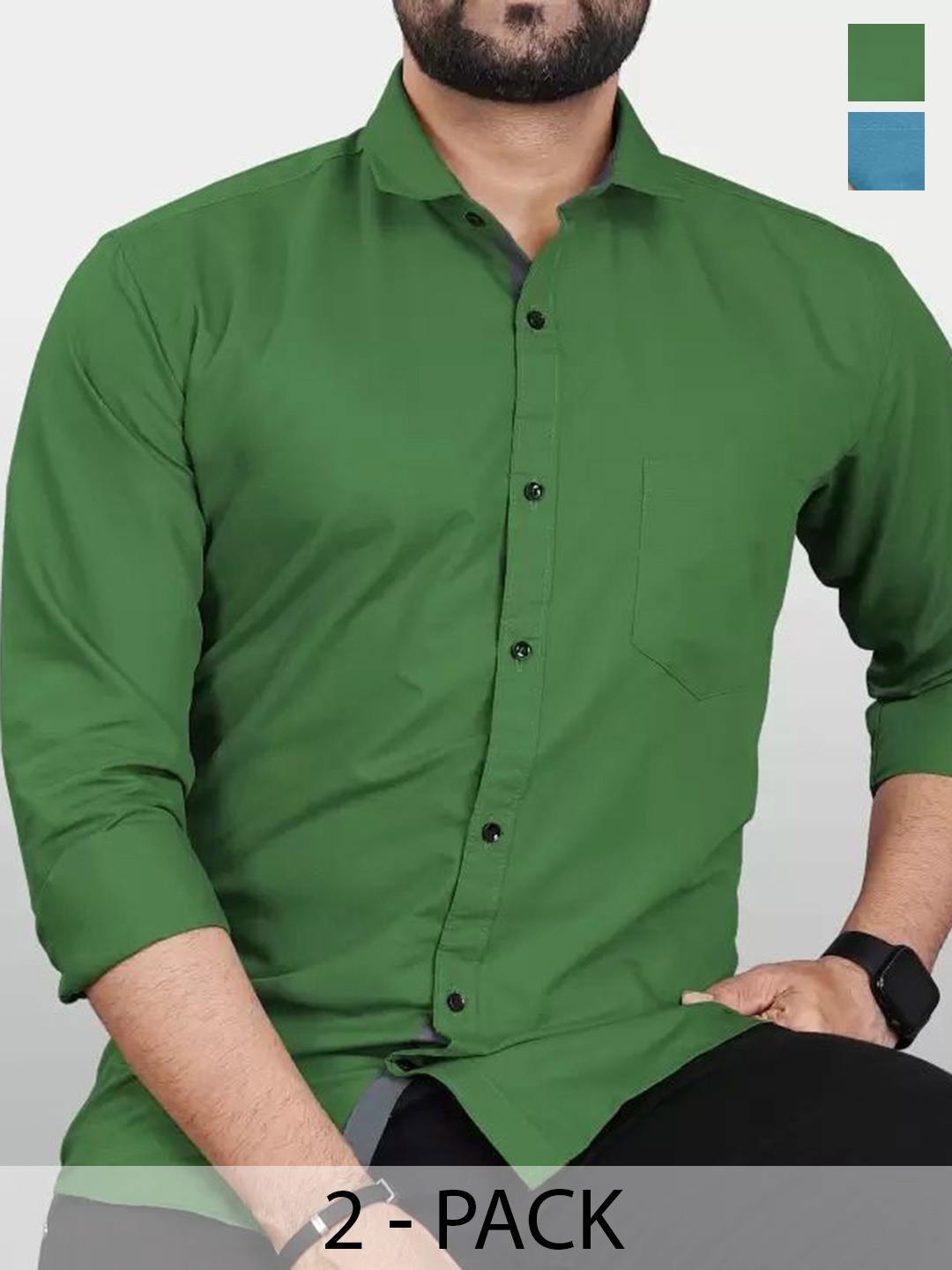 

Tanip Men Pack Of 2 Comfort Spread Collar Solid Cotton Casual Shirts, Green