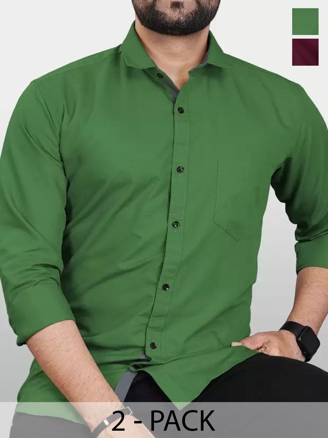 

Tanip Men Pack Of 2 Comfort Spread Collar Solid Cotton Casual Shirts, Green