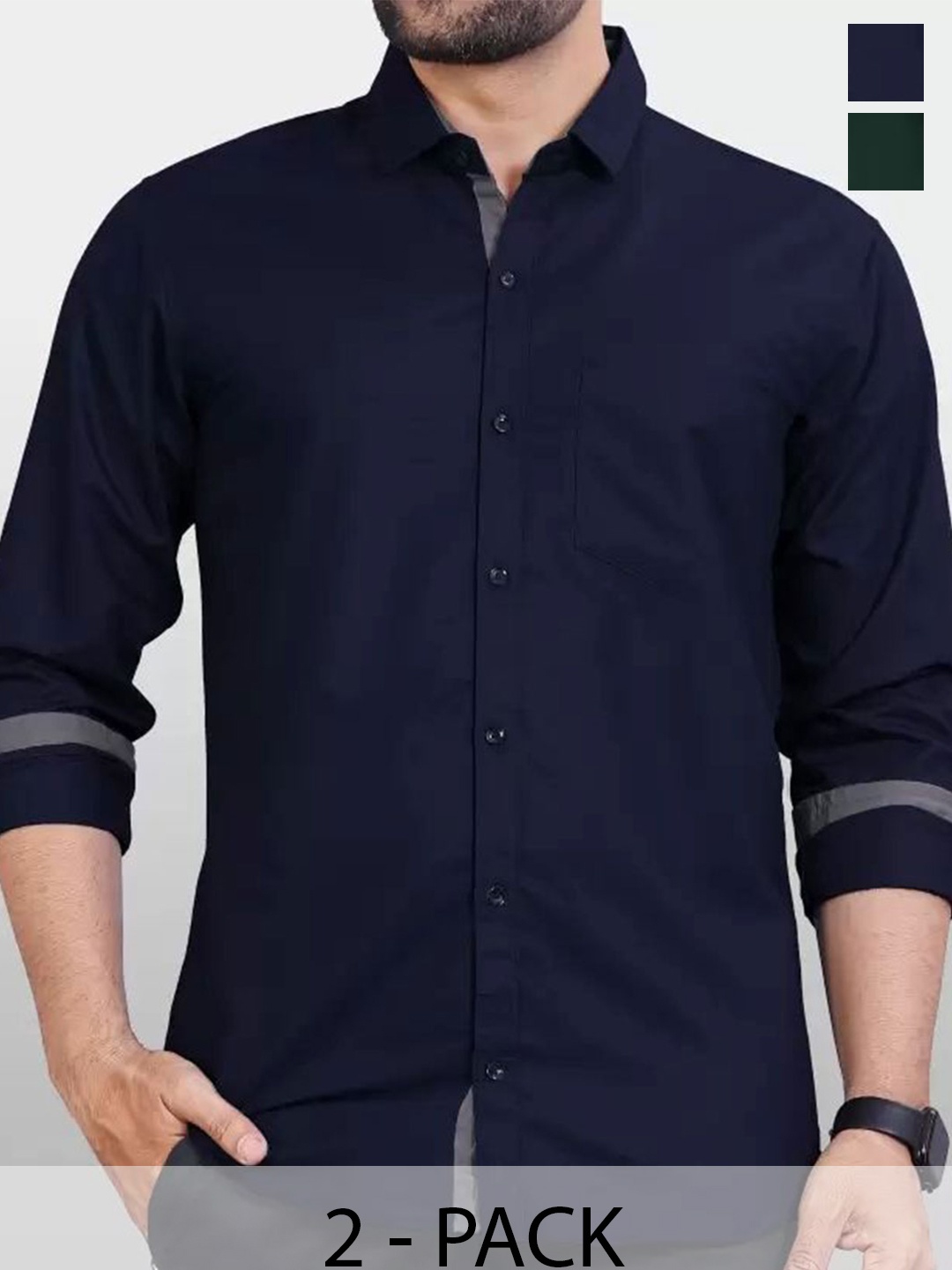 

Tanip Men Pack Of 2 Comfort Spread Collar Solid Cotton Casual Shirts, Navy blue