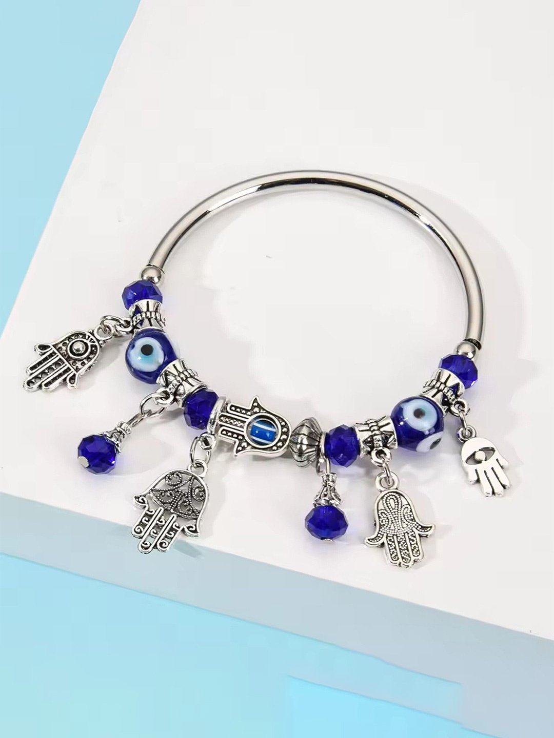 

Lila Unisex Beaded Stainless Steel Kada Bracelet, Silver