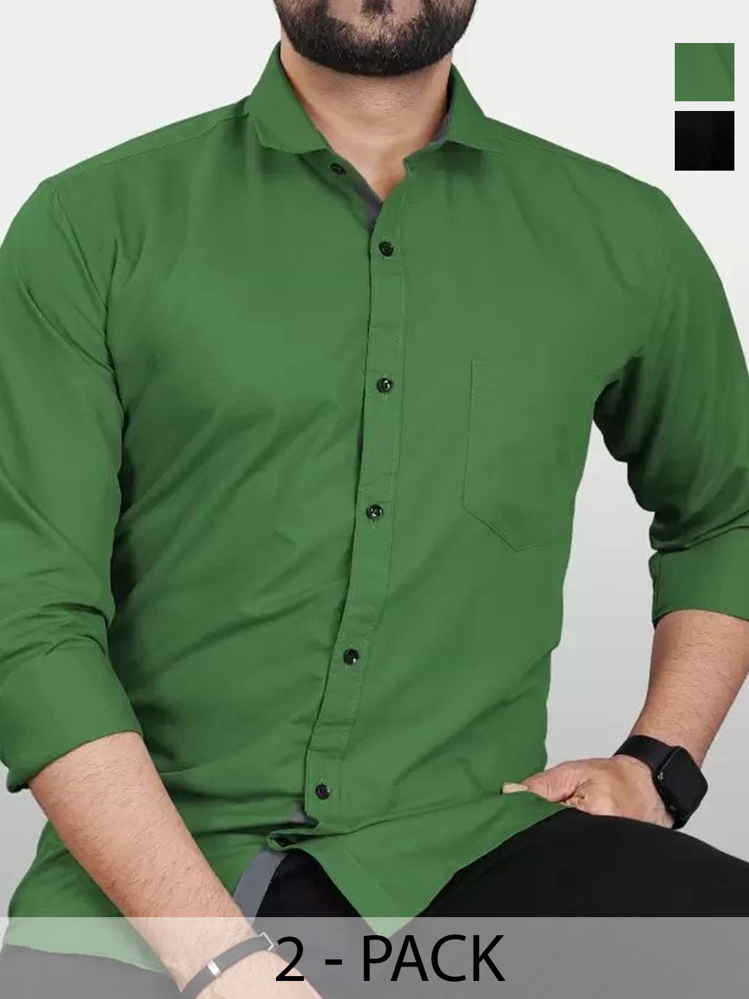 

Tanip Men Pack Of 2 Comfort Spread Collar Solid Cotton Casual Shirts, Green