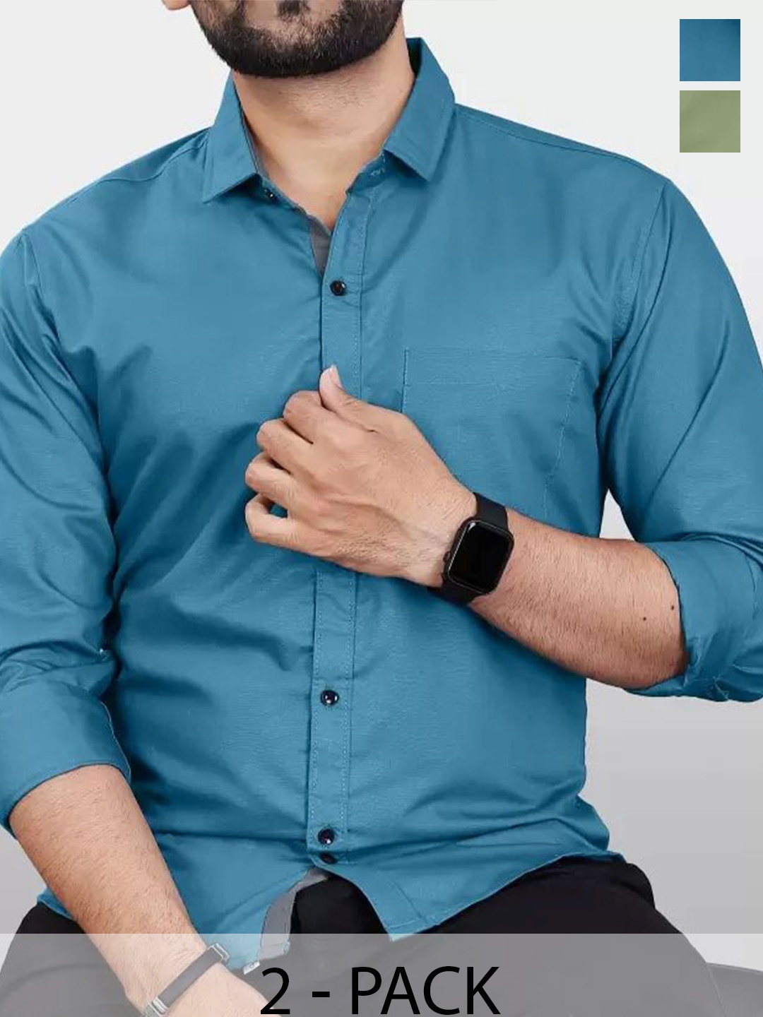 

Tanip Men Pack Of 2 Comfort Spread Collar Solid Cotton Casual Shirts, Blue