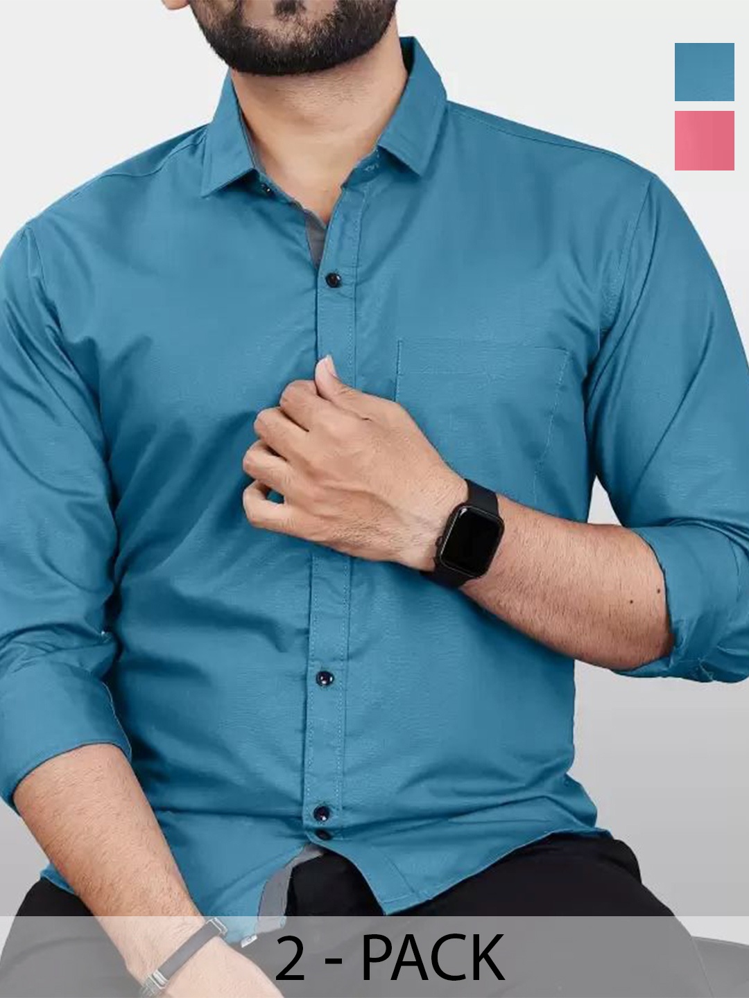 

Tanip Men Pack Of 2 Comfort Spread Collar Solid Cotton Casual Shirts, Teal