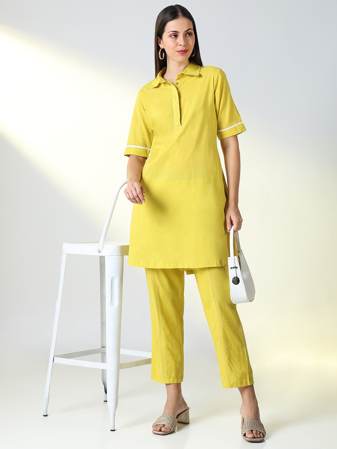 

SHOWOFF Shirt Collar Short Sleeves Top With Trouser, Yellow