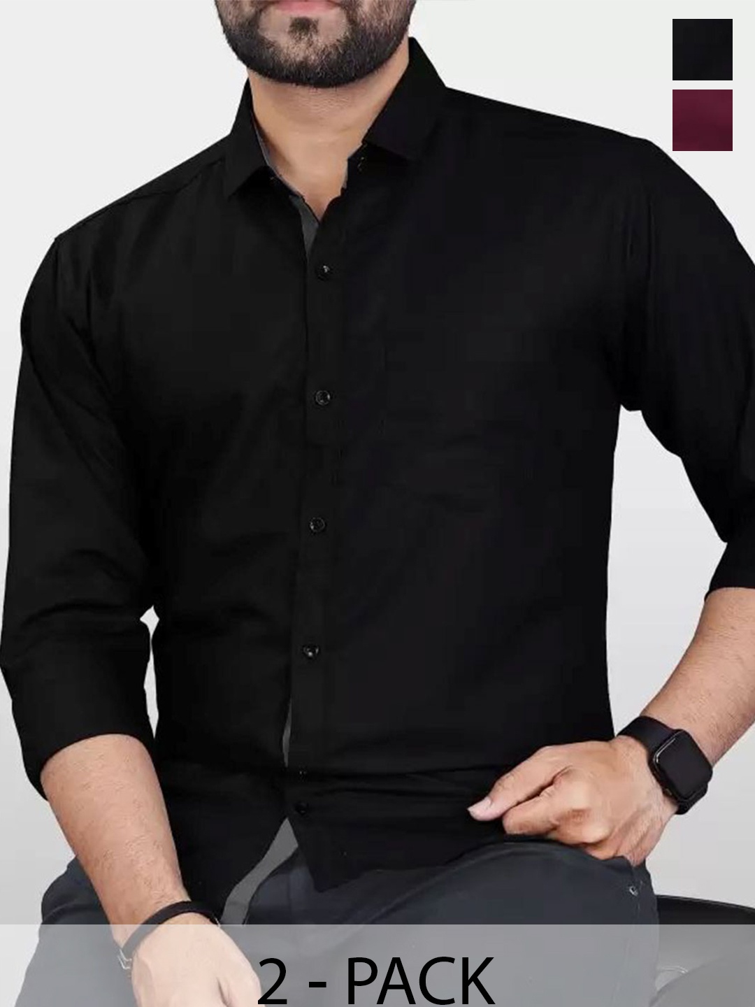 

Tanip Men Pack Of 2 Comfort Spread Collar Solid Cotton Casual Shirts, Black