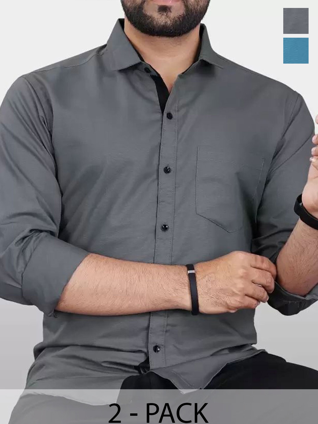 

Tanip Men Pack Of 2 Comfort Spread Collar Solid Cotton Casual Shirts, Grey