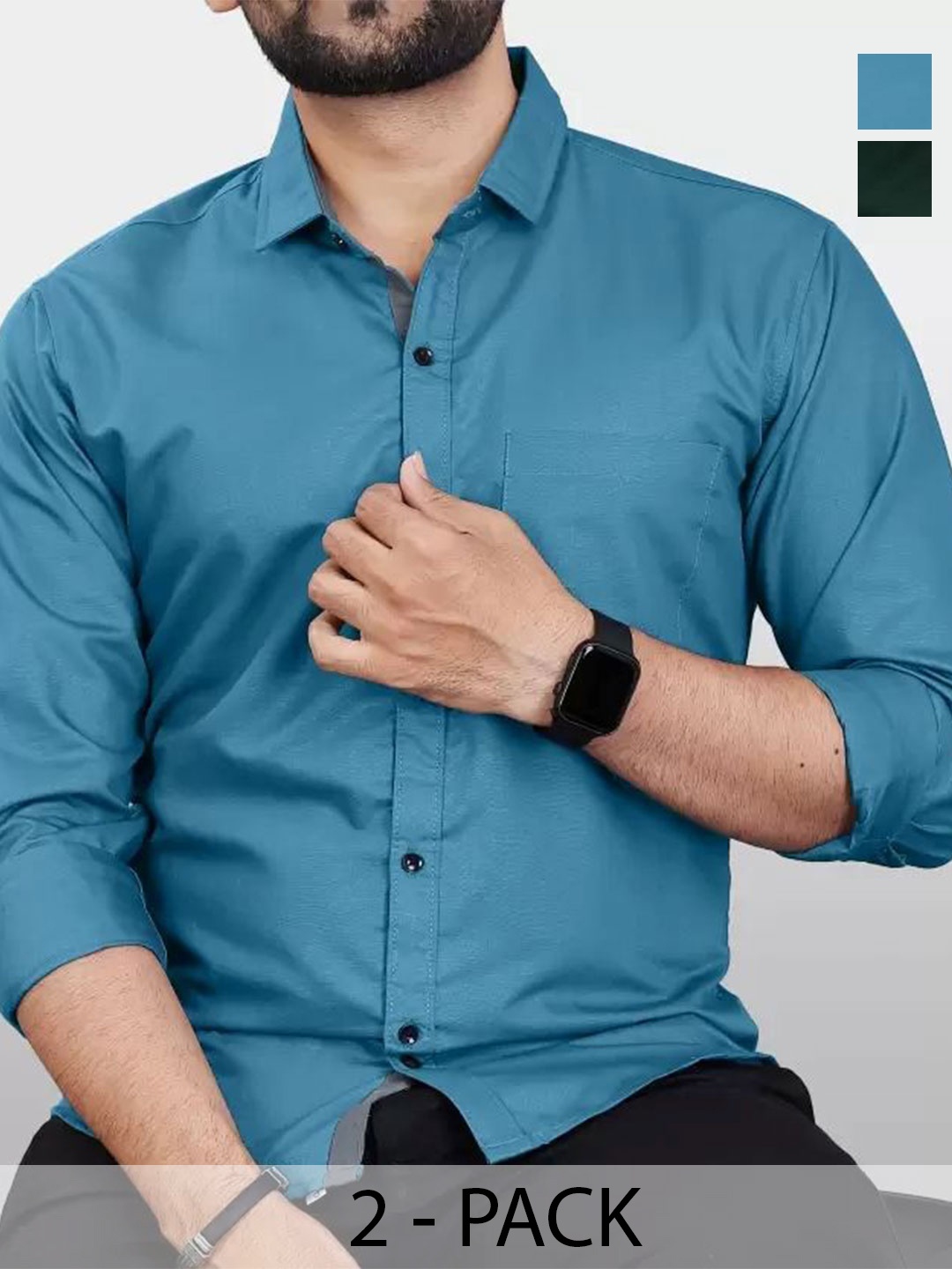

Tanip Men Pack Of 2 Comfort Fit Spread Collar Solid Cotton Casual Shirts, Teal