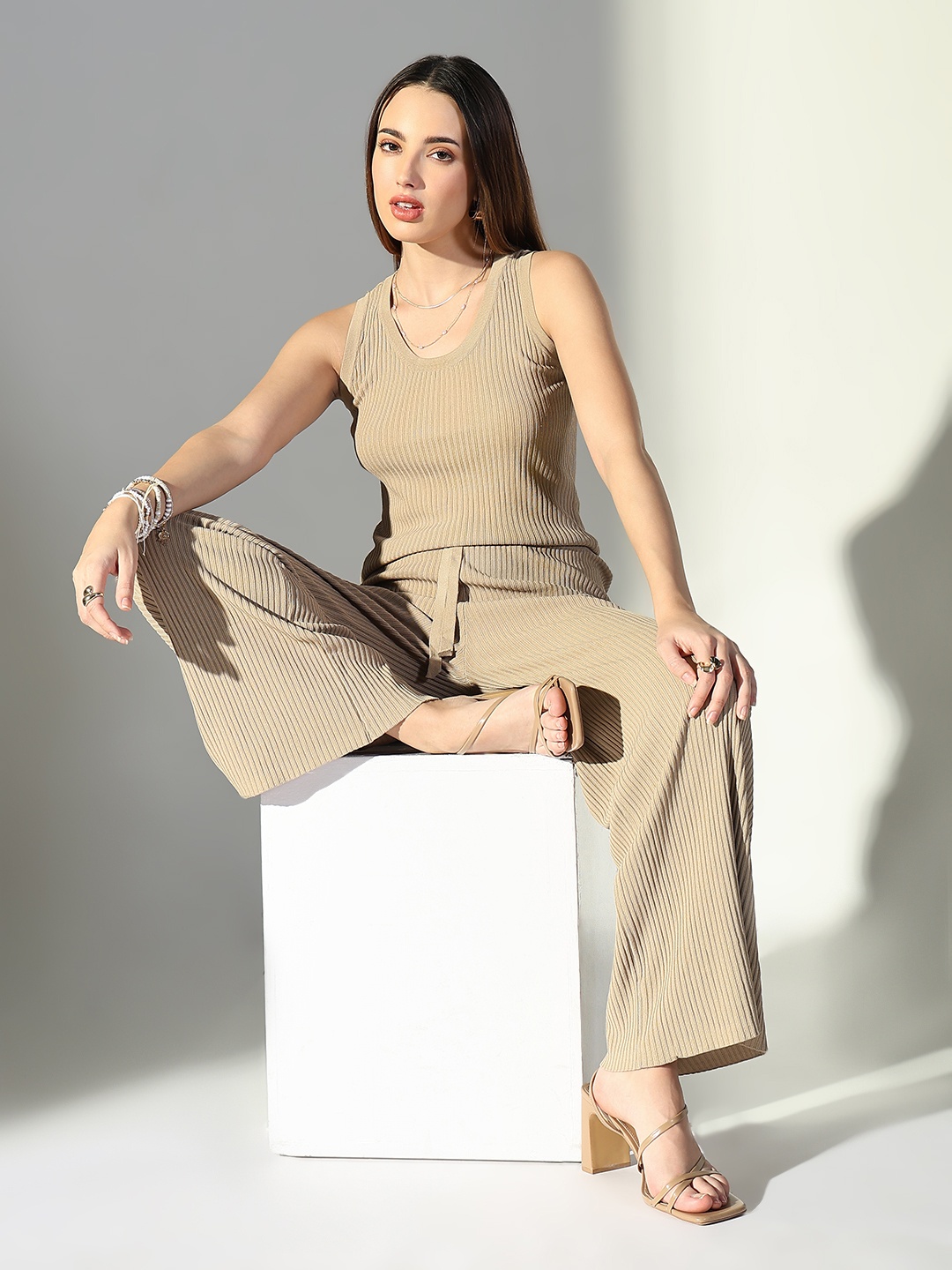 

SHOWOFF Self Design Round Neck Sleeveless Top With Trouser, Beige