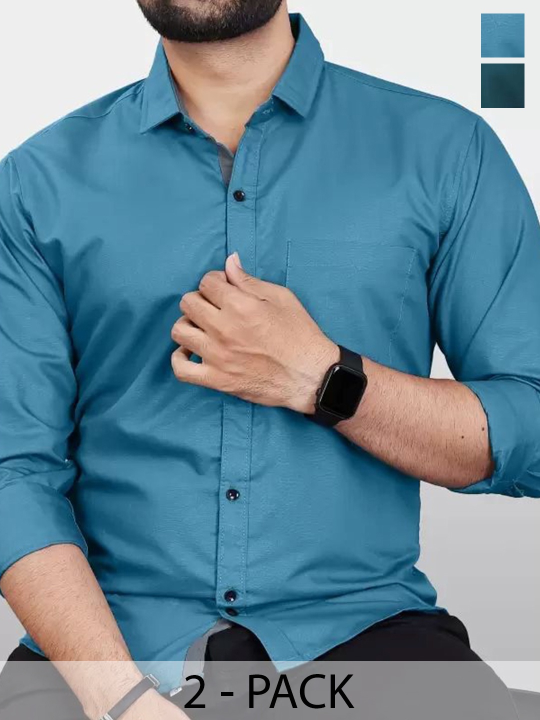 

Tanip Men Pack Of 2 Comfort Spread Collar Solid Cotton Casual Shirts, Blue