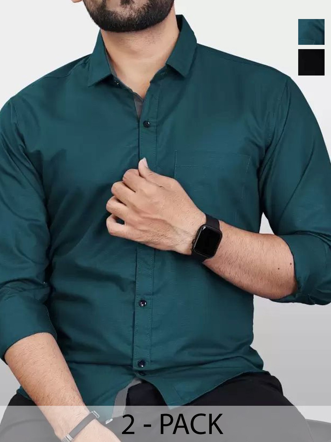 

Tanip Men Pack Of 2 Comfort Spread Collar Solid Cotton Casual Shirts, Green