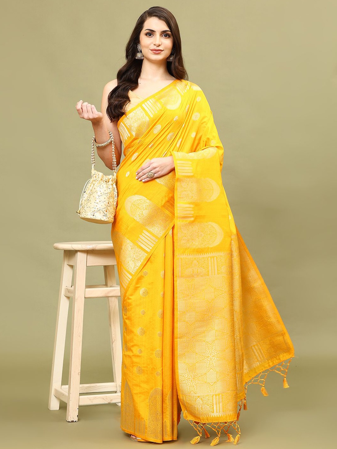 

Meena Bazaar Ethnic Motifs Woven Art Silk Saree, Yellow