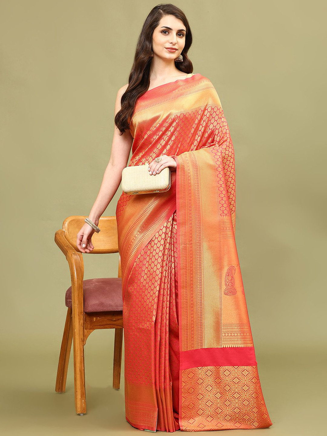 

Meena Bazaar Ethnic Motifs Woven Jaal Art Silk Banarasi Saree, Pink