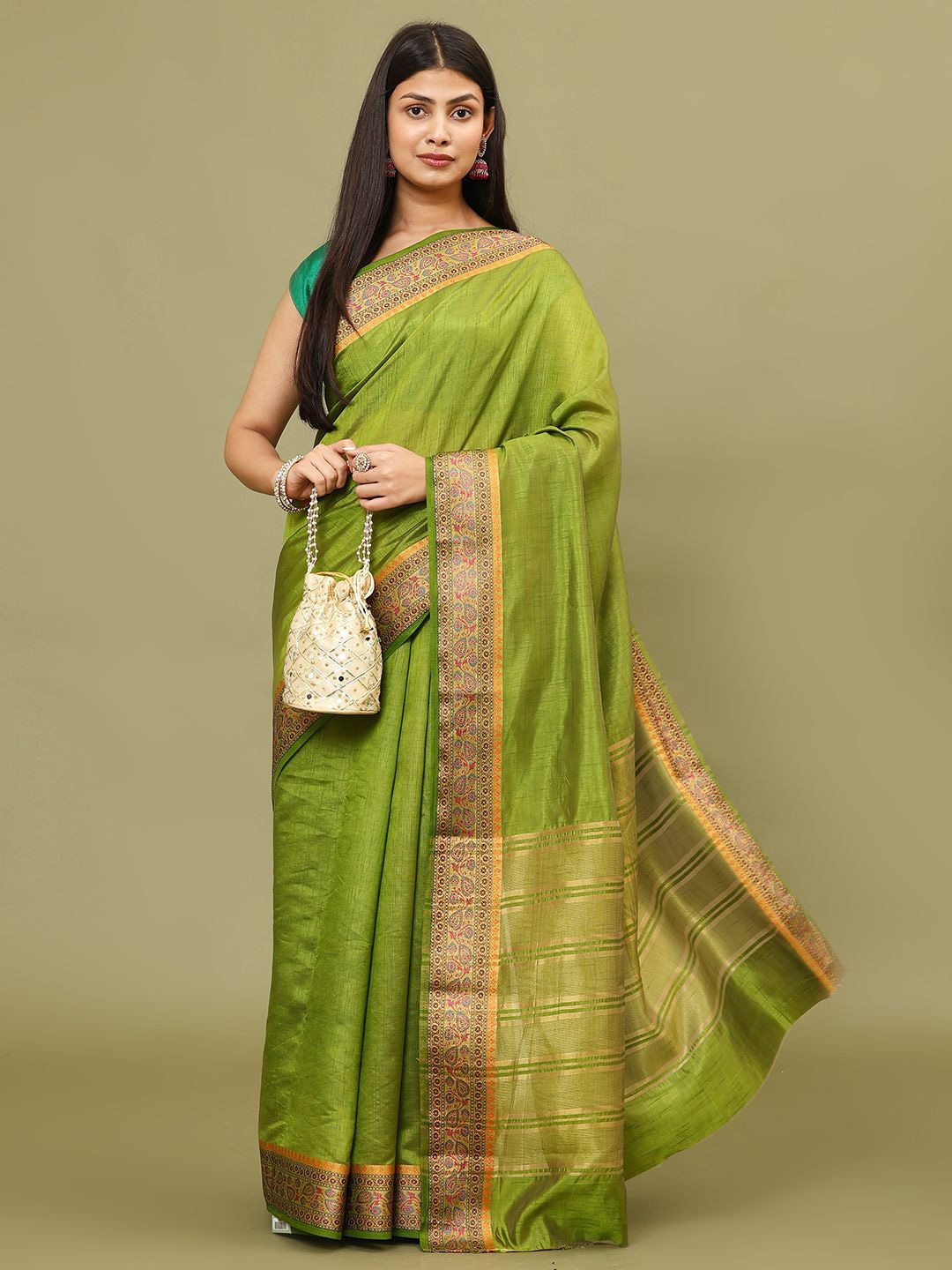 

Meena Bazaar Plain Woven Border Design Art Silk Saree, Green
