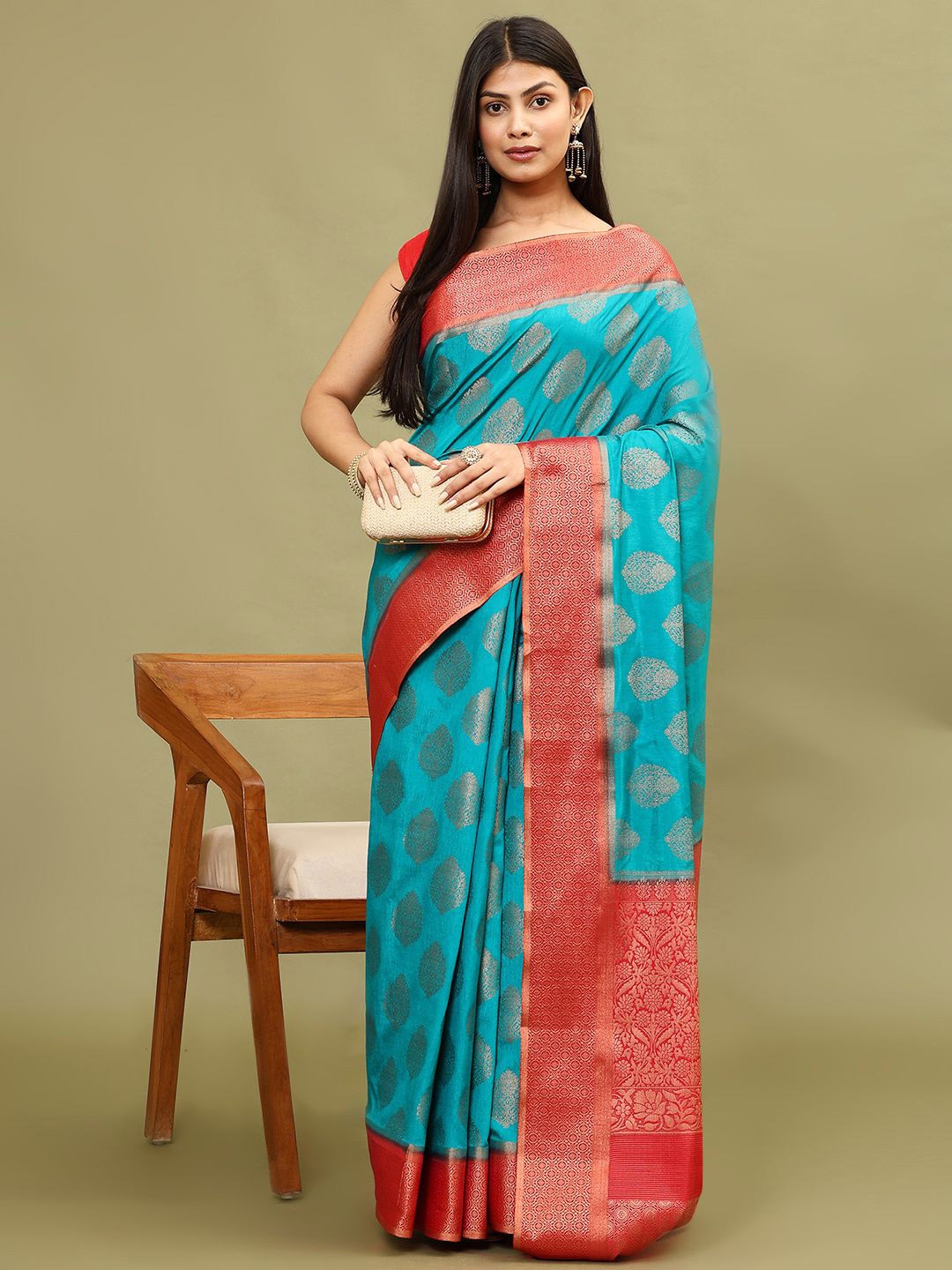 

Meena Bazaar Ethnic Motifs Woven Art Silk Saree, Blue