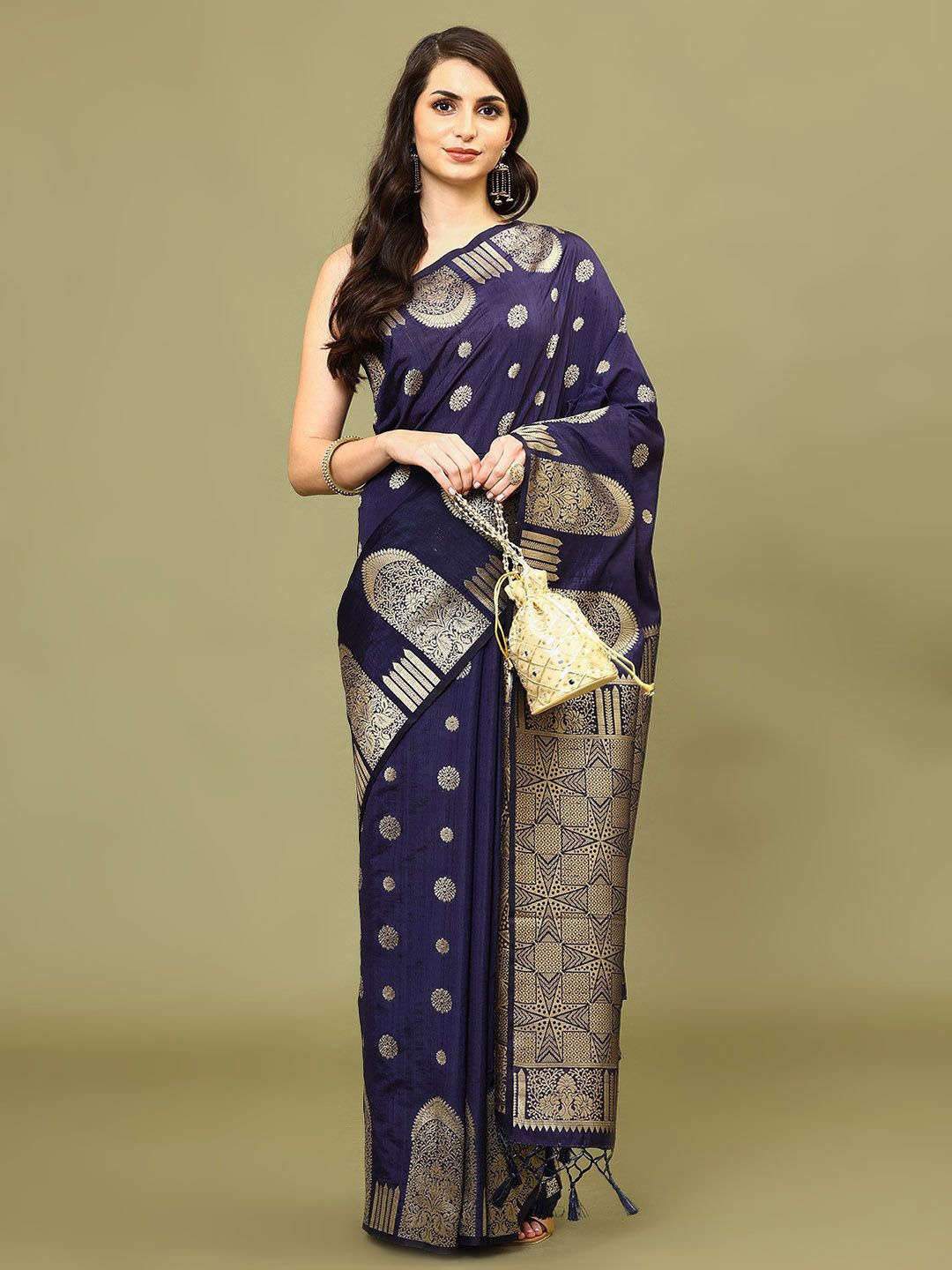 

Meena Bazaar Ethnic Motifs Woven Art Silk Saree, Navy blue