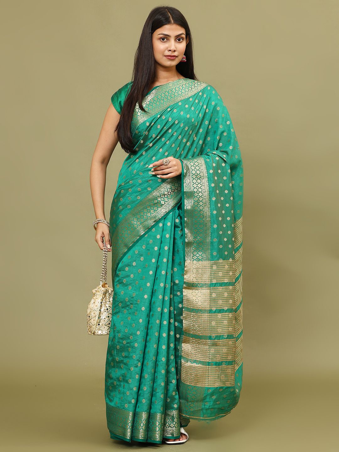 

Meena Bazaar Ethnic Motifs Woven Art Silk Saree, Green