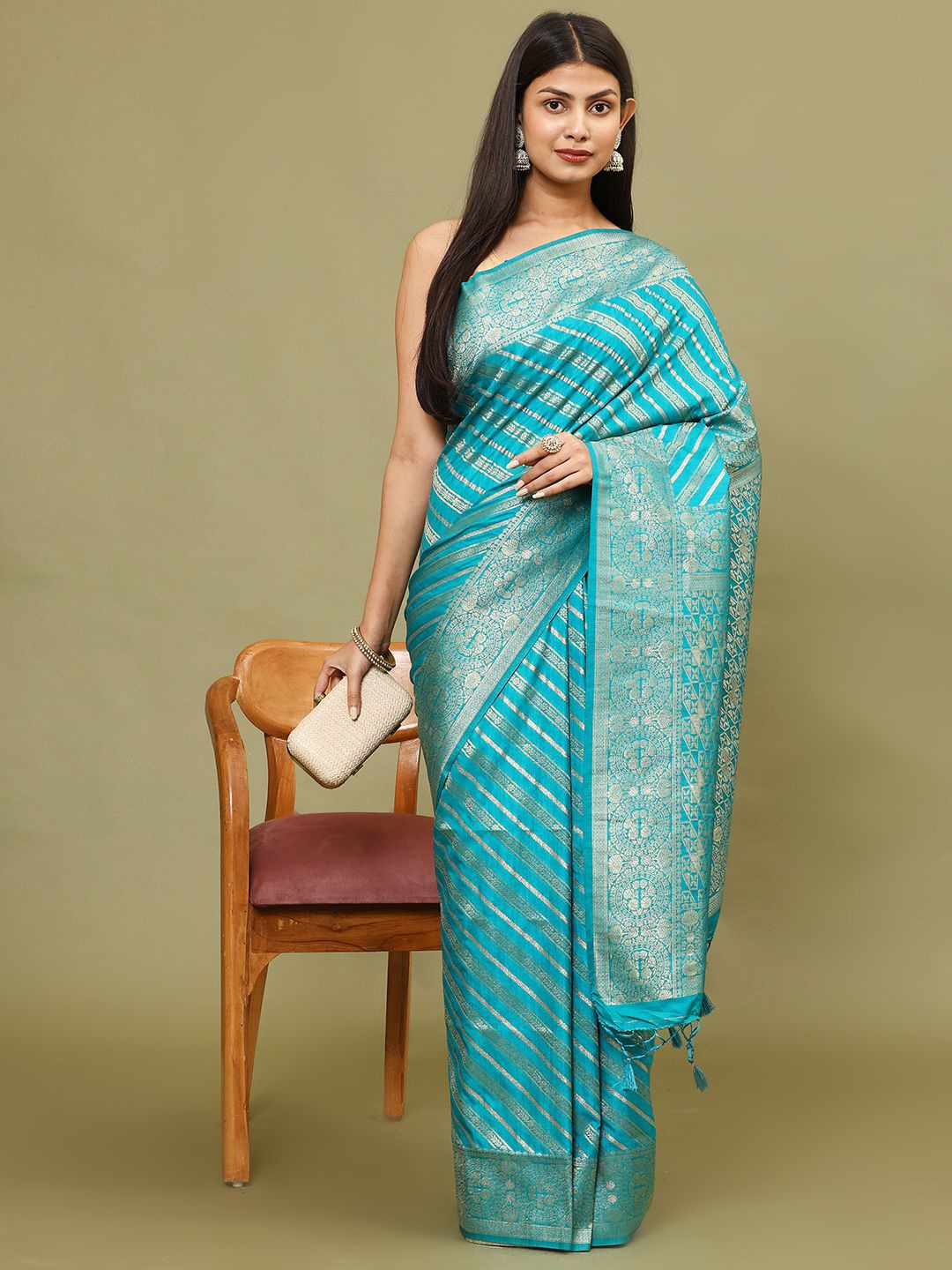 

Meena Bazaar Stripes Woven Design Art Silk Saree, Blue