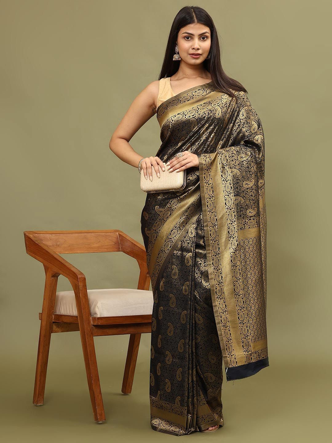 

Meena Bazaar Woven Design Zari Art Silk Saree, Black