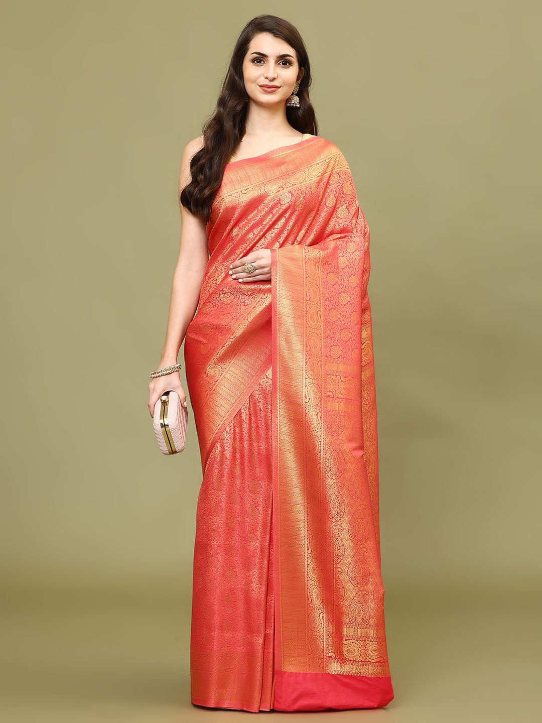 

Meena Bazaar Woven Design Zari Art Silk Saree, Pink