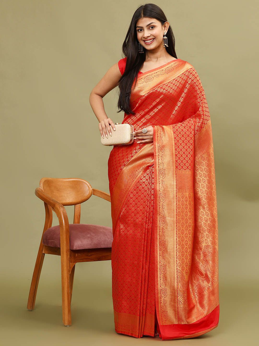 

Meena Bazaar Ethnic Motifs Woven Art Silk Saree, Red