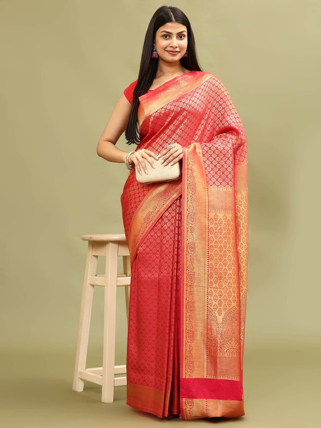 

Meena Bazaar Ethnic Motifs Woven Art Silk Saree, Pink