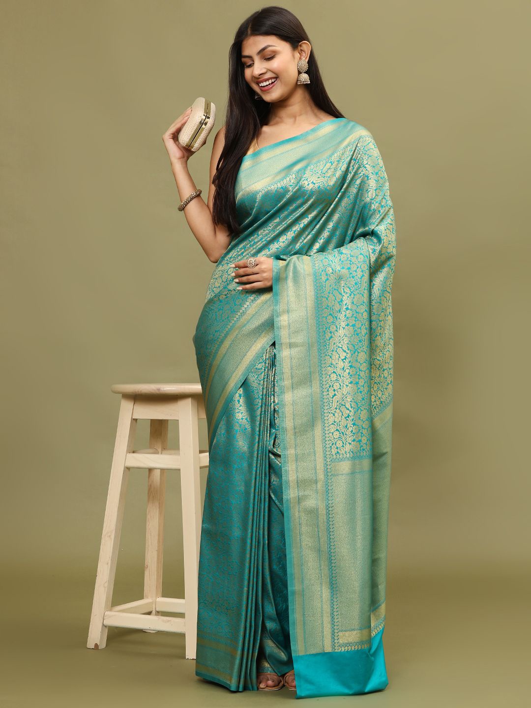 

Meena Bazaar Ethnic Motifs Woven Art Silk Saree, Blue