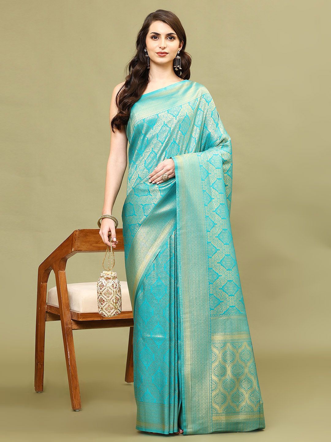 

Meena Bazaar Ethnic Motifs Woven Art Silk Saree, Blue