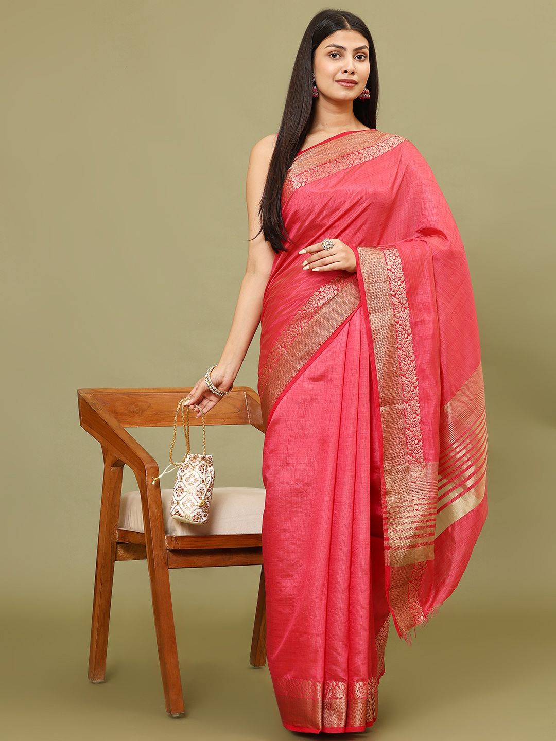 

Meena Bazaar Zari Art Silk Saree, Pink