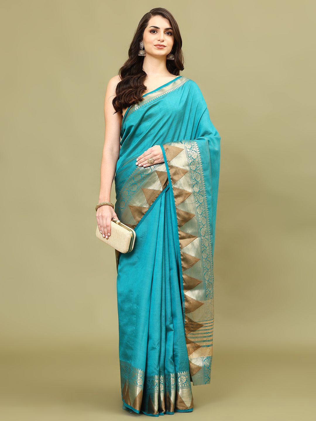 

Meena Bazaar Plain Woven Border Art Silk Saree, Blue